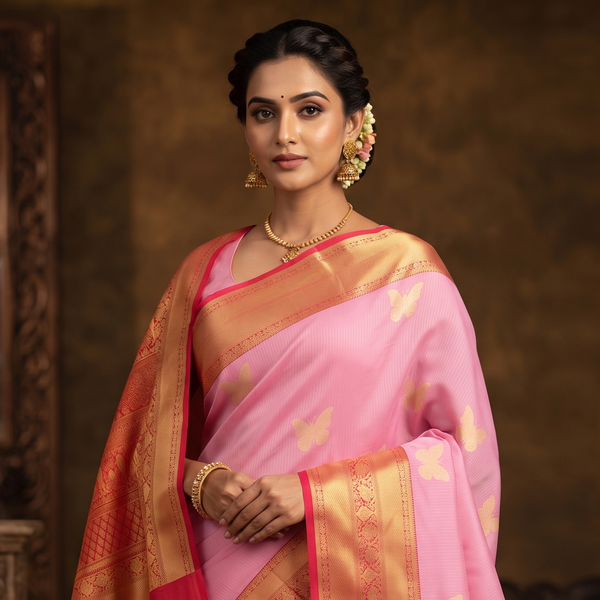 A woman wearing a pink silk saree with a wide gold and red border, standing in front of a dark carved wooden background.