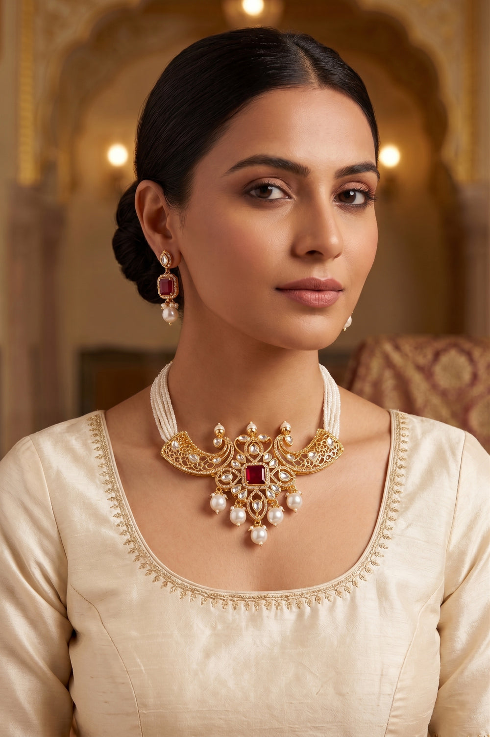 Gold-toned traditional jewelry set featuring a statement necklace and matching drop earrings on a stand, with white pearls, red stones, and small multicolor bead accents.