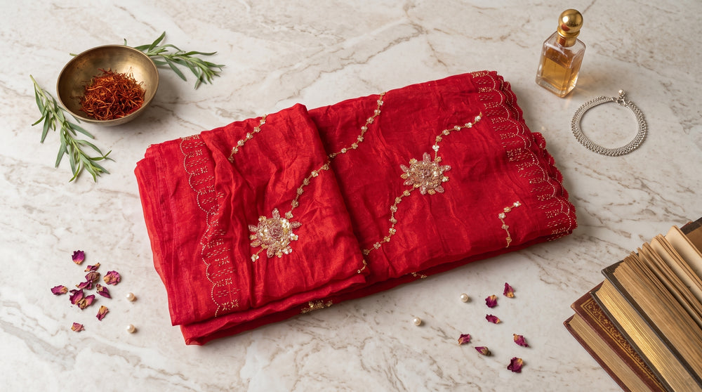 A woman modeling a bright red georgette saree with gold floral embroidery and a matching red embroidered blouse.
