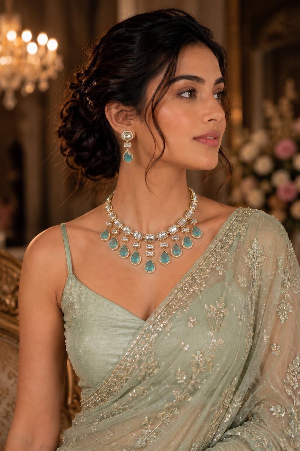 Gold-tone statement necklace and matching drop earrings with light blue teardrop stones.