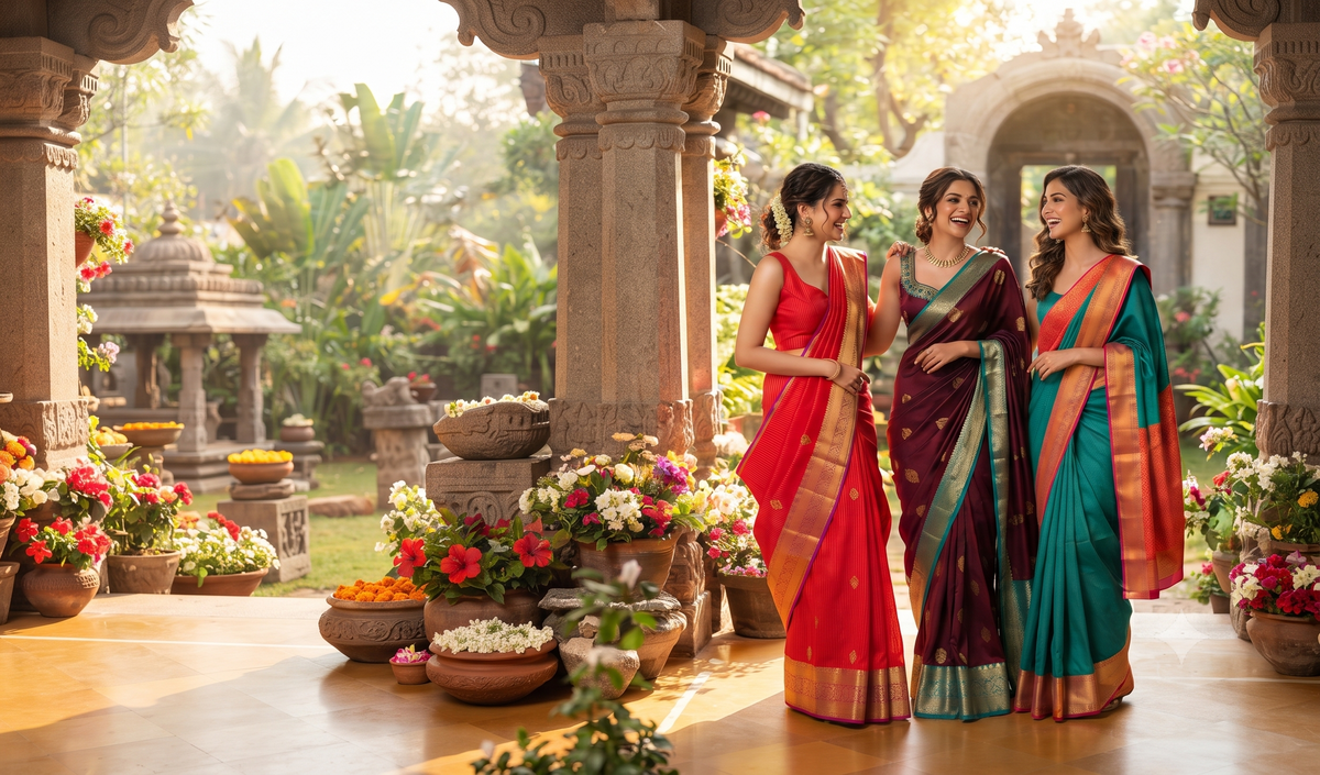 Three women wearing traditional Indian sarees stand in a garden courtyard with stone pillars and flower arrangements. The sarees are in vibrant red, deep purple, and teal green with gold borders.