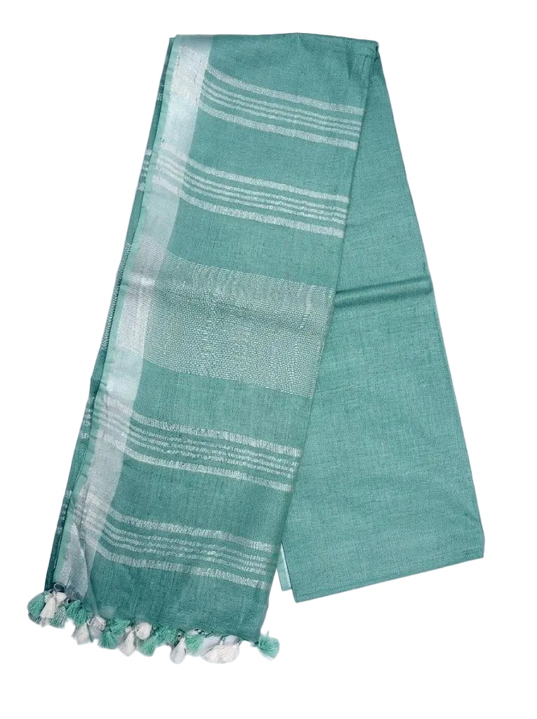 Sea Green Striped Jaipur Cotton Saree with Handwoven Rajasthani Craft for Summer Parties and Cultural Celebrations