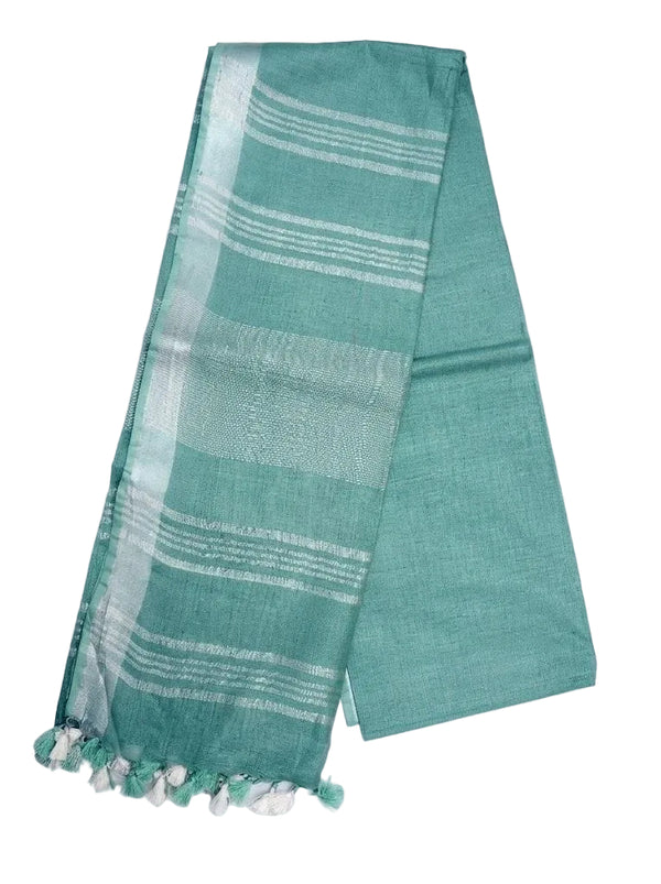 Sea Green Striped Jaipur Cotton Saree with Handwoven Rajasthani Craft for Summer Parties and Cultural Celebrations