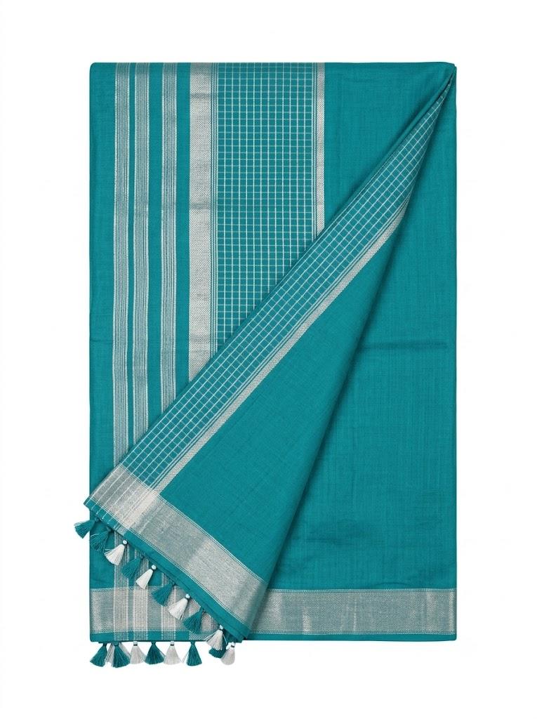 Teal Striped Jaipur Cotton Saree with Handwoven Rajasthani Craft for Summer Parties and Cultural Celebrations