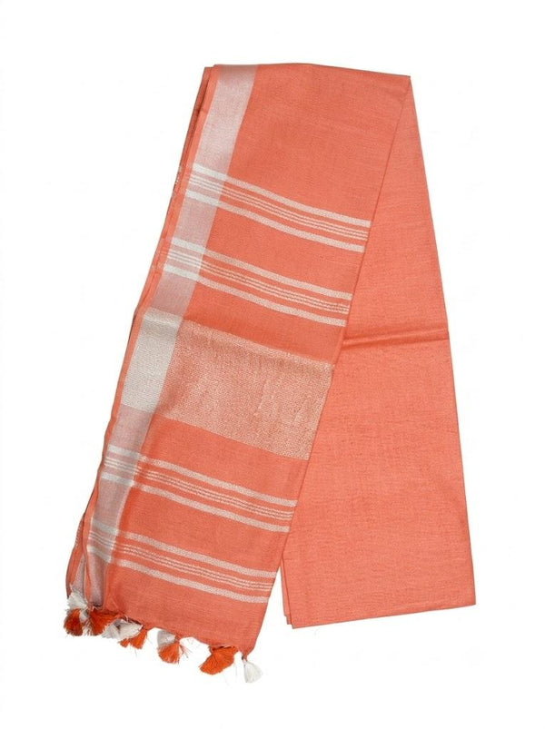 Coral Striped Jaipur Cotton Saree with Handwoven Rajasthani Craft for Summer Parties and Cultural Celebrations