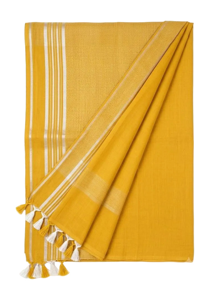 Mustard Yellow Striped Jaipur Cotton Saree with Handwoven Rajasthani Craft for Summer Parties and Cultural Celebrations