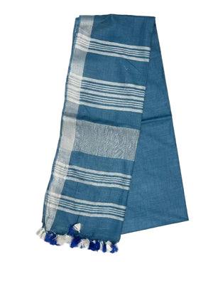 Slate Blue Striped Jaipur Cotton Saree with Handwoven Rajasthani Craft for Summer Parties and Cultural Celebrations