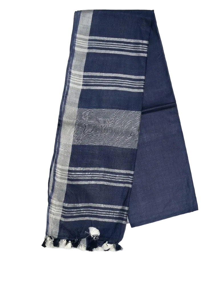 Navy Blue Striped Jaipur Cotton Saree with Handwoven Rajasthani Craft for Summer Parties and Cultural Celebrations