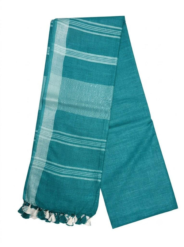 Turquoise Striped Jaipur Cotton Saree with Handwoven Rajasthani Craft for Summer Parties and Cultural Celebrations