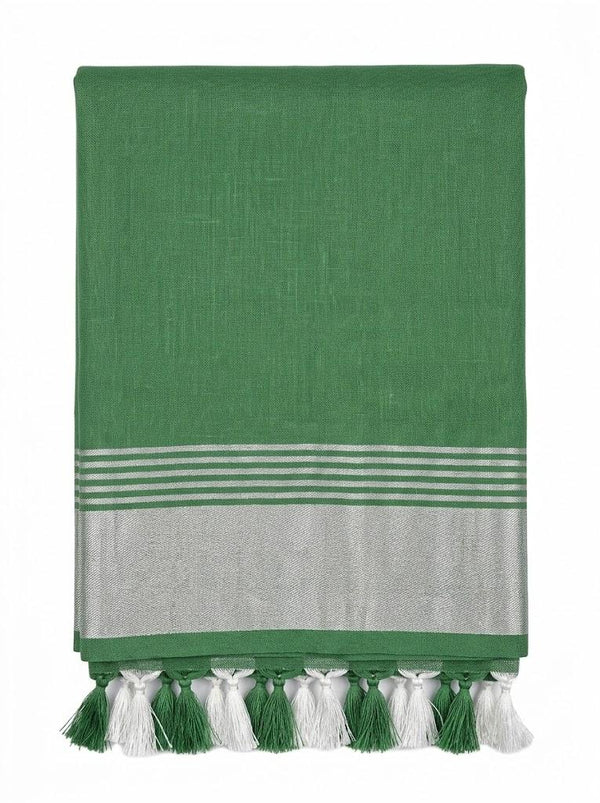 Green Striped Jaipur Cotton Saree with Handwoven Rajasthani Craft for Summer Parties and Cultural Celebrations