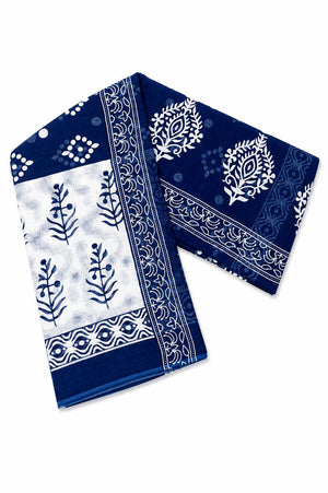 A navy blue and white patterned saree with traditional block-print motifs.