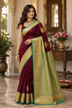 A woman models a luxurious Indian saree in a traditional indoor setting. The saree features a deep maroon body with a wide, ornate gold zari border and a thin teal green accent line.