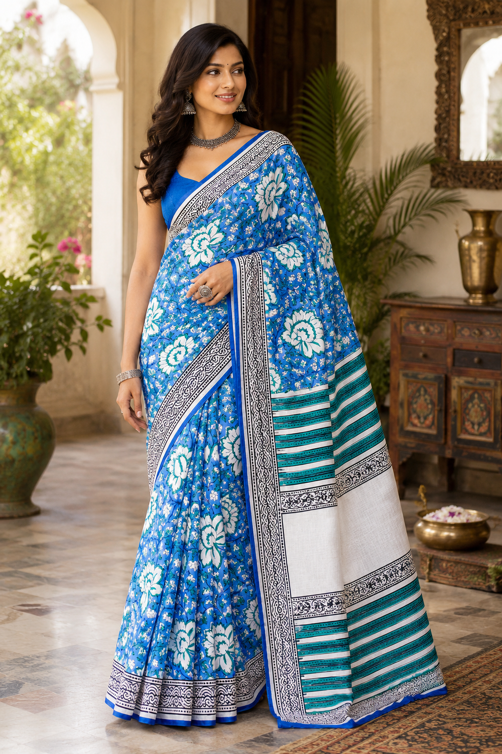 A woman modeling a royal blue saree with white floral prints, a white border with blue and green stripes, and a matching blue blouse.