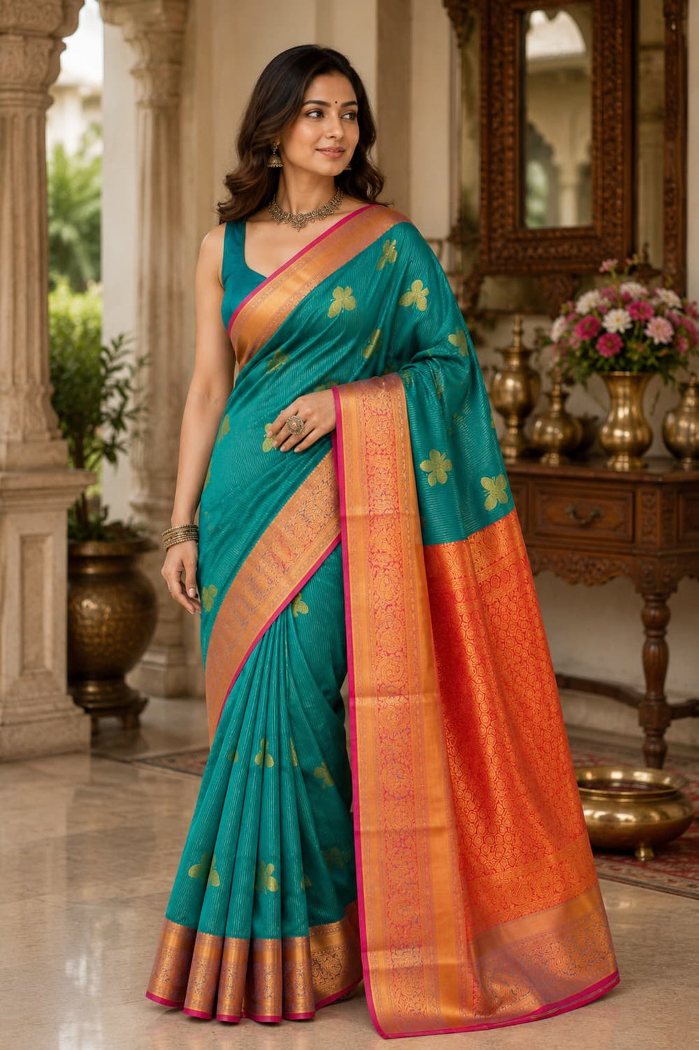 A woman models a teal green and orange silk saree with gold floral motifs and a wide orange border.
