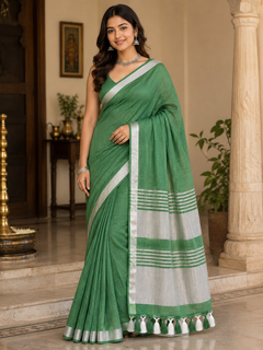 Green Striped Jaipur Cotton Saree with Handwoven Rajasthani Craft for Summer Parties and Cultural Celebrations