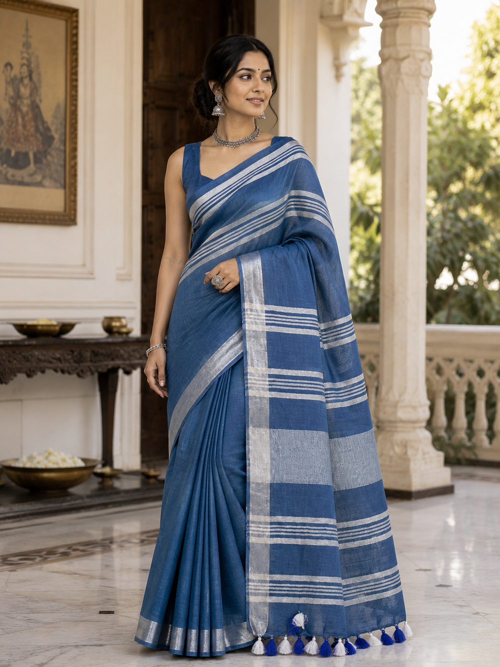Slate Blue Striped Jaipur Cotton Saree with Handwoven Rajasthani Craft for Summer Parties and Cultural Celebrations
