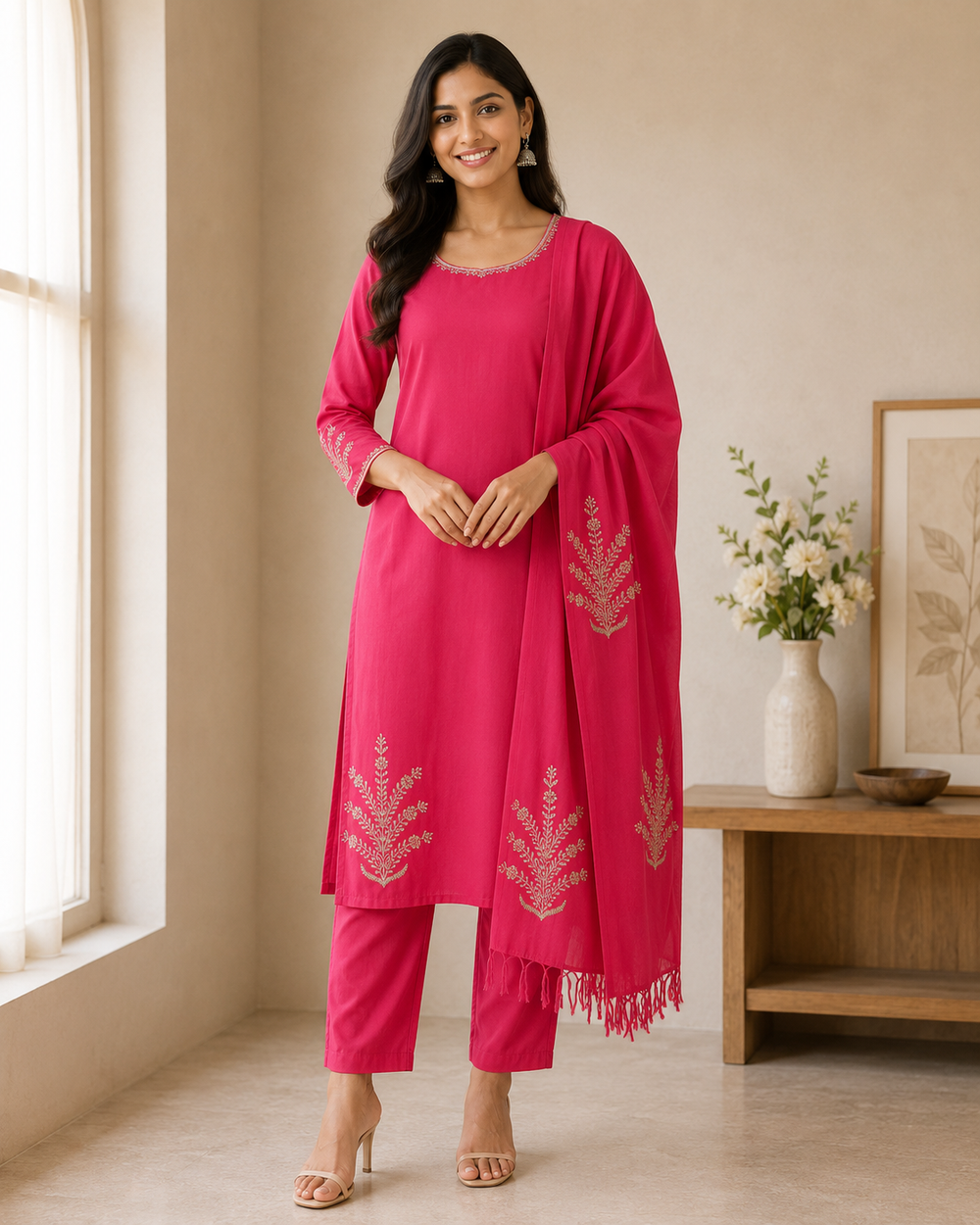 A woman models a bright pink Indian ethnic suit set consisting of a long kurta, matching pants, and a dupatta with gold embroidery.