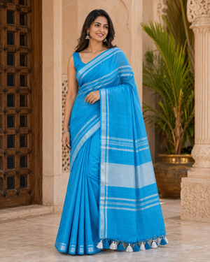Bright Blue Striped Jaipur Cotton Saree with Handwoven Rajasthani Craft for Summer Parties and Cultural Celebrations