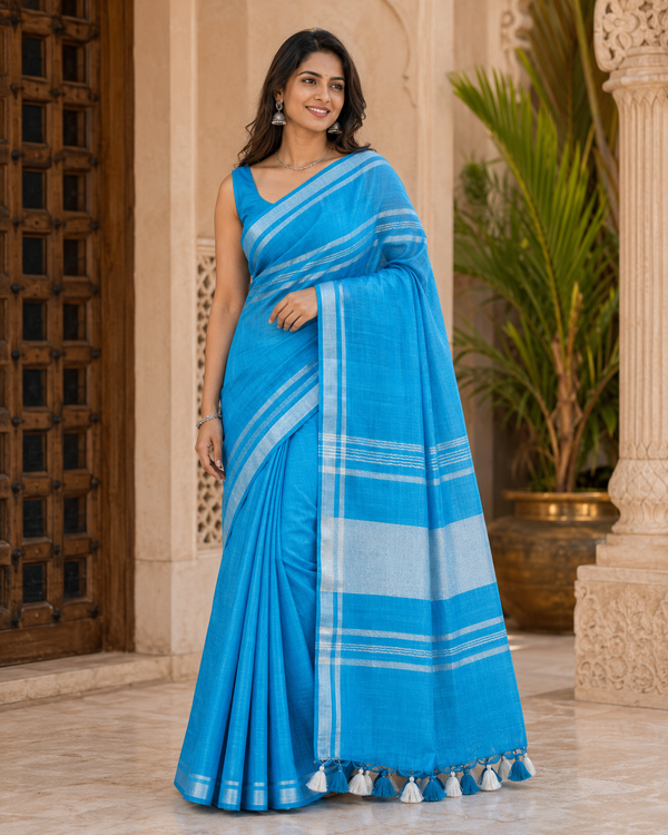 Bright Blue Striped Jaipur Cotton Saree with Handwoven Rajasthani Craft for Summer Parties and Cultural Celebrations