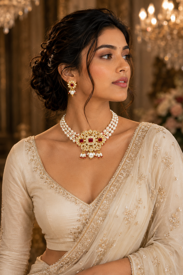 A woman wearing an ornate cream and gold traditional necklace with red gemstone accents, matching drop earrings,.