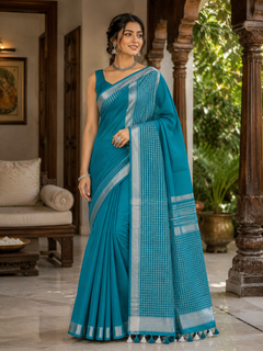 Teal Striped Jaipur Cotton Saree with Handwoven Rajasthani Craft for Summer Parties and Cultural Celebrations