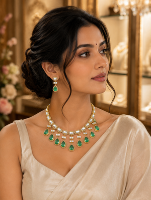 A woman wearing a gold-toned jewelry set featuring a necklace with emerald green teardrop stones and white pearl-like accents, along with matching drop earrings.
