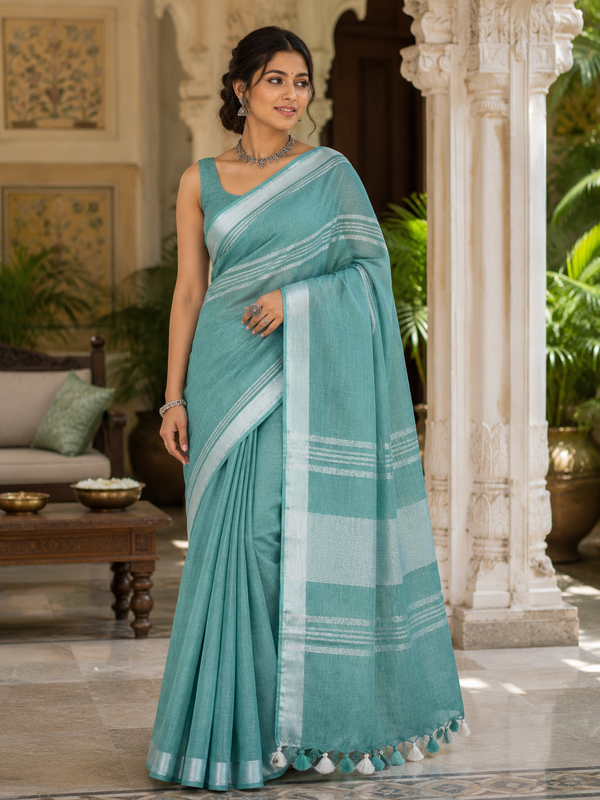 Sea Green Striped Jaipur Cotton Saree with Handwoven Rajasthani Craft for Summer Parties and Cultural Celebrations