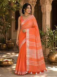 Orange Striped Jaipur Cotton Saree with Handwoven Rajasthani Craft for Summer Parties and Cultural Celebrations