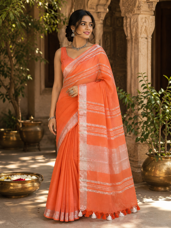 Orange Striped Jaipur Cotton Saree with Handwoven Rajasthani Craft for Summer Parties and Cultural Celebrations