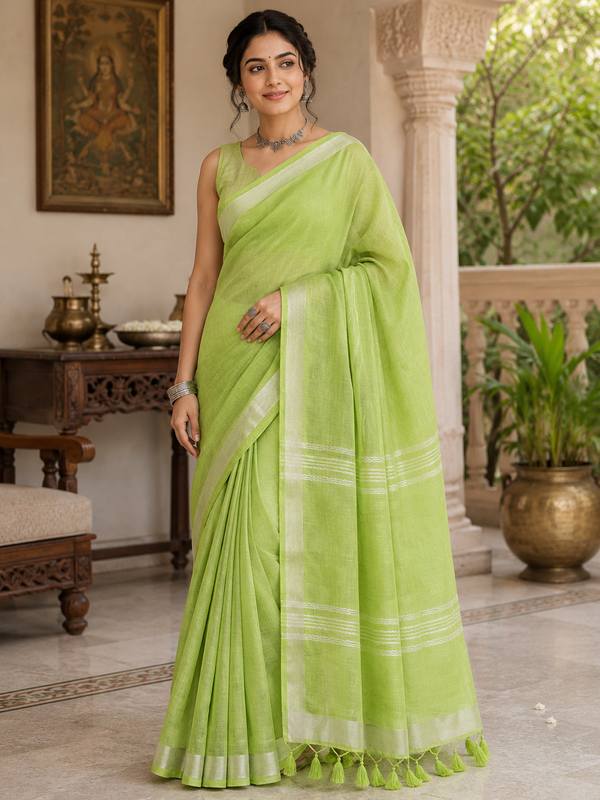 Light Green Striped Jaipur Cotton Saree with Handwoven Rajasthani Craft for Summer Parties and Cultural Celebrations