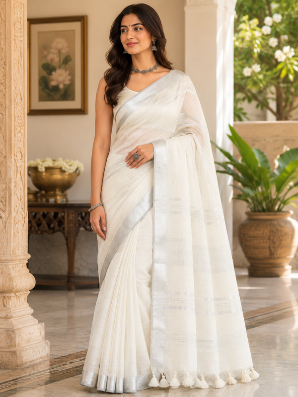 White Striped Jaipur Cotton Saree with Handwoven Rajasthani Craft for Summer Parties and Cultural Celebrations