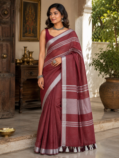 Maroon Striped Jaipur Cotton Saree with Handwoven Rajasthani Craft for Summer Parties and Cultural Celebrations