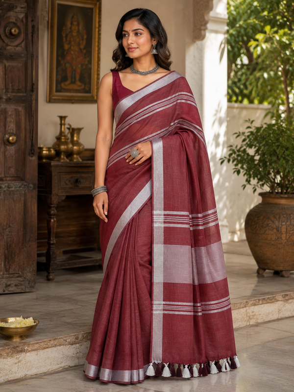 Maroon Striped Jaipur Cotton Saree with Handwoven Rajasthani Craft for Summer Parties and Cultural Celebrations