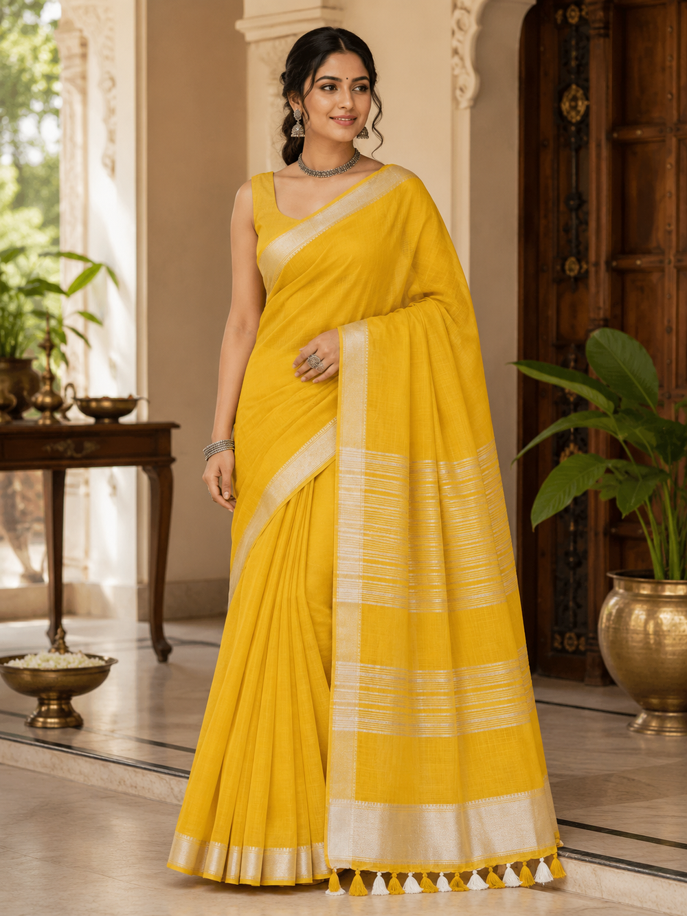 Mustard Yellow Striped Jaipur Cotton Saree with Handwoven Rajasthani Craft for Summer Parties and Cultural Celebrations