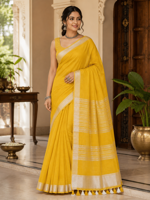 Yellow Striped Jaipur Cotton Saree with Handwoven Rajasthani Craft for Summer Parties and Cultural Celebrations