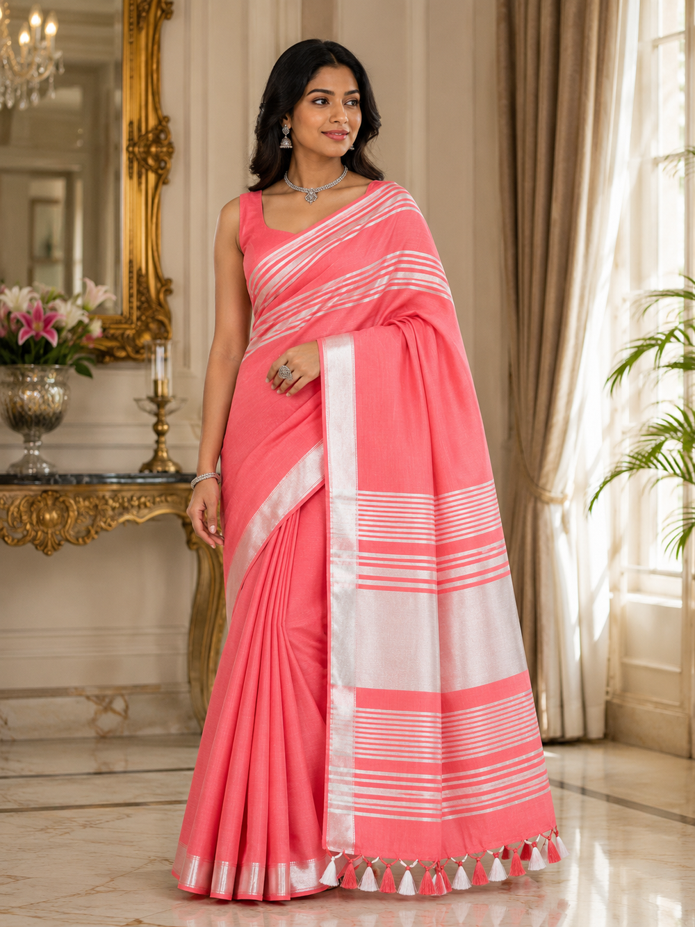 Coral Striped Jaipur Cotton Saree with Handwoven Rajasthani Craft for Summer Parties and Cultural Celebrations