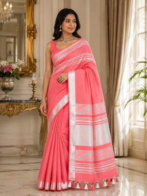 Coral Striped Jaipur Cotton Saree with Handwoven Rajasthani Craft for Summer Parties and Cultural Celebrations