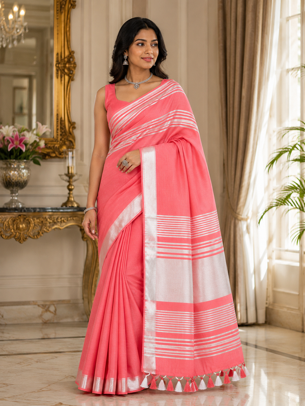 Coral Striped Jaipur Cotton Saree with Handwoven Rajasthani Craft for Summer Parties and Cultural Celebrations