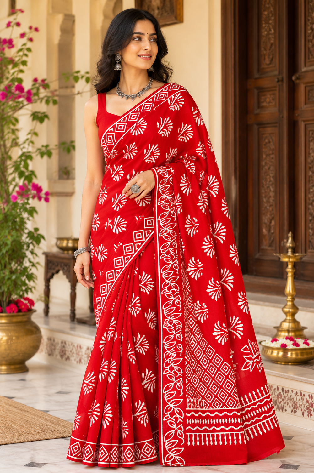 A woman models a bright red saree with white block-printed floral and geometric patterns, paired with a matching red sleeveless blouse.