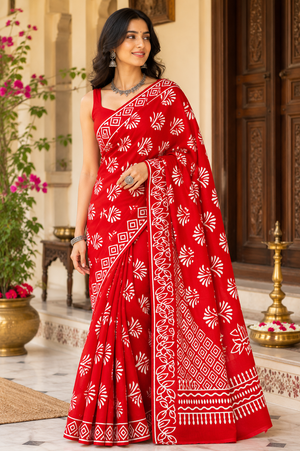 A woman models a bright red saree with white block-printed floral and geometric patterns, paired with a matching red sleeveless blouse.