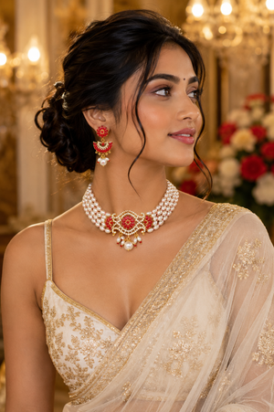 A woman wearing a traditional Indian jewelry set, featuring a pearl and gold necklace with red floral accents, matching drop earrings.