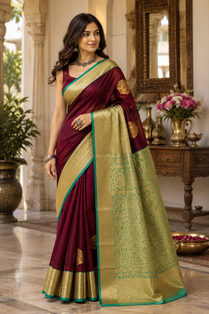 A woman models a luxurious Indian saree features a deep maroon body with a wide, ornate gold zari border and a thin teal green accent line.