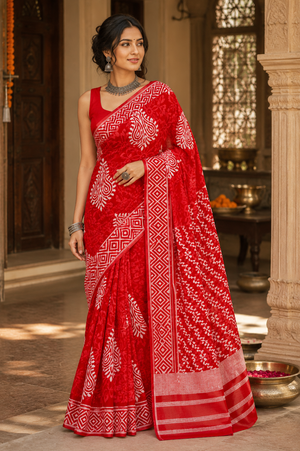 A woman models a bright red saree with white bandhani tie-dye patterns.